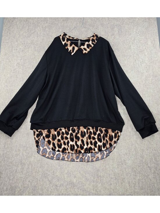 No visible brand, Made in China Tops - Black Long Sleeve Top With Leopard Print Collar & Hem Women’s 5XL Polyester Casu